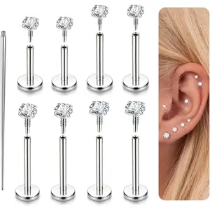 14K  Plated Flat  Stud Earrings - 316L Surgical Steel Internal Thread CZ Stud   for Tragus Helix Cartilage Conch Nose  Lip Labret Medusa  16G 18G