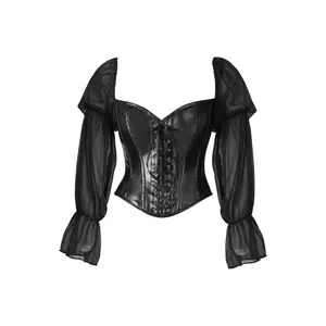 Top Drawer Black Faux Leather Steel Boned Corset w/Sleeves