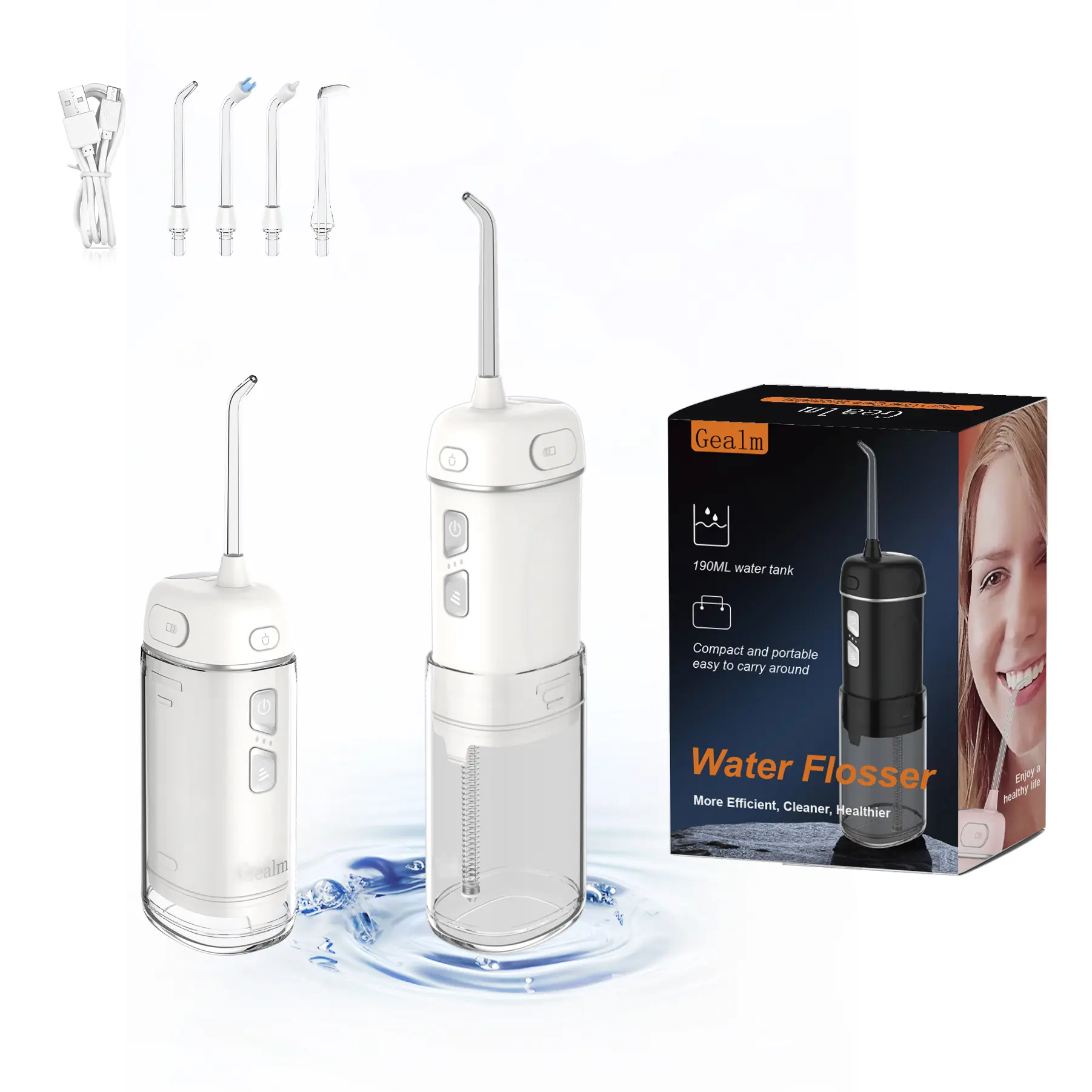Gealm Pocket Water Flosser, Portable Cordless Oral Irrigator Teeth Cleaner with Telescopic Tank, 4 Nozzles, 3 Cleansing Modes, IPX7 Waterproof, Removable, Travel Size, Batteries, USB Cable, for Travel, Mouth Care, Children & Elderly, Home/Travel