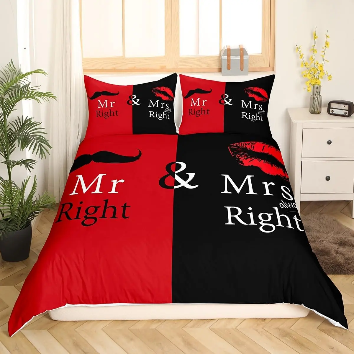 Feelyou Cozy Chic Polyester Fiber King Duvet Cover Set - Multi-Size Fits Bedding, Decorative Set with Black-Red 3D Mustache-Lips Mr & Mrs Print, White Funny Couple Quote, Zipper Closure, Machine Washable Breathable Valentine's Day Home Decor
