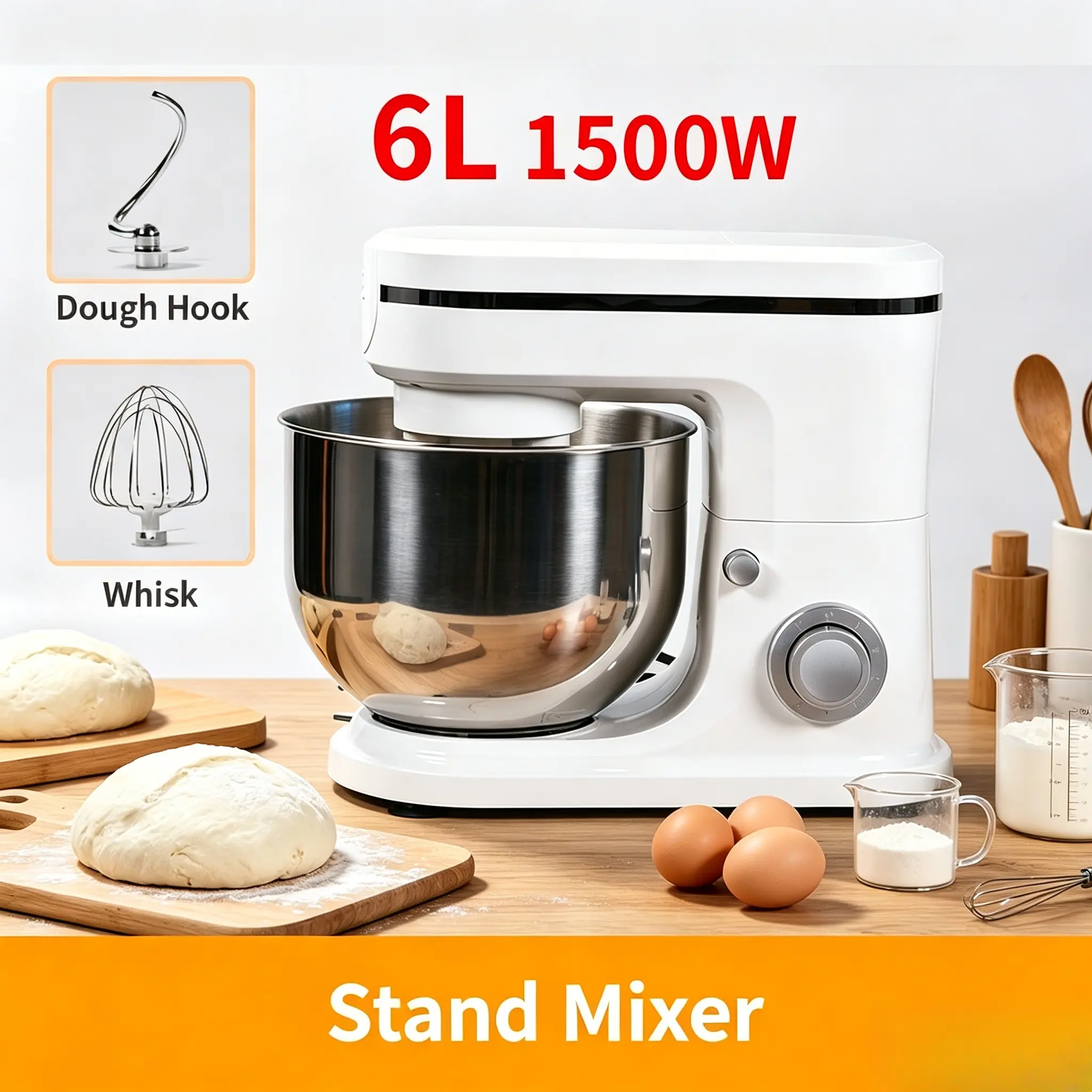1pcs Commercial-Grade 6L Planetary Chef Food Mixer - Compact Countertop Dough Kneader with Dough Hook, Adjustable Speed Multifunctional Cream Filling Egg Mixer, Durable Design Efficient & Practical for Mini Bakery Operators