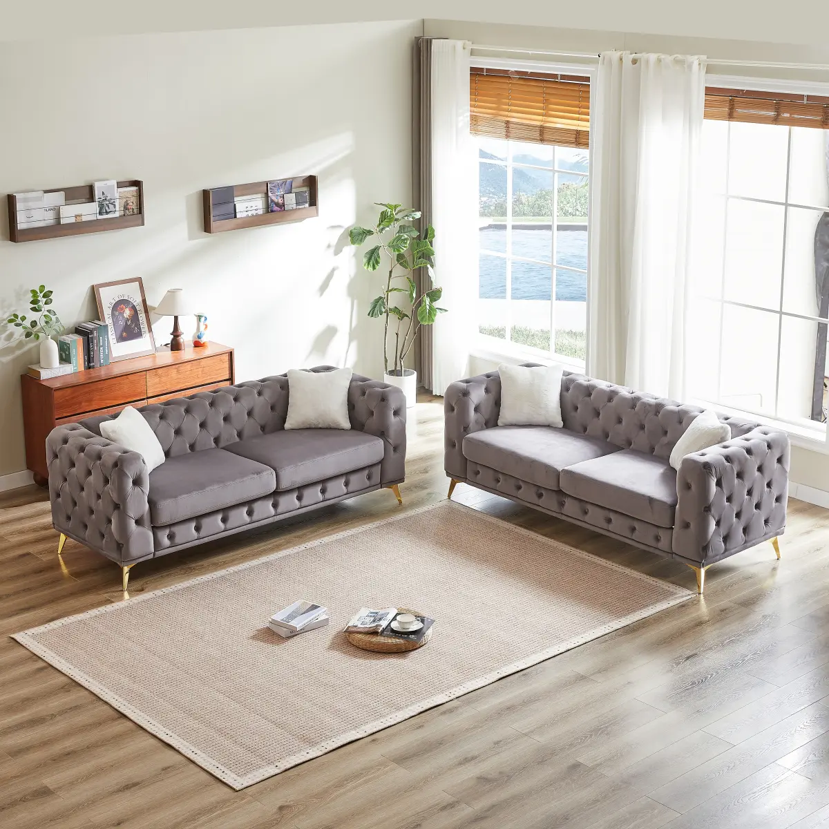 82.5-inch 3 Seater Couch Set, Chesterfield Vintage Mid Century Modern Velvet Upholstered Button Tufted Deep Seat Sofa Couch Furniture Set with 4 Throw Pillows for Living Room Office, Grey (2 Pieces)