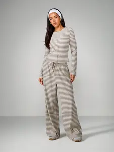 Women's 2-Piece Wide Leg Pants and Long Sleeve Striped Set, Casual Spring & Fall Knit Cardigan, Perfect for Comfort and Fashion, Casual Loungewear Set