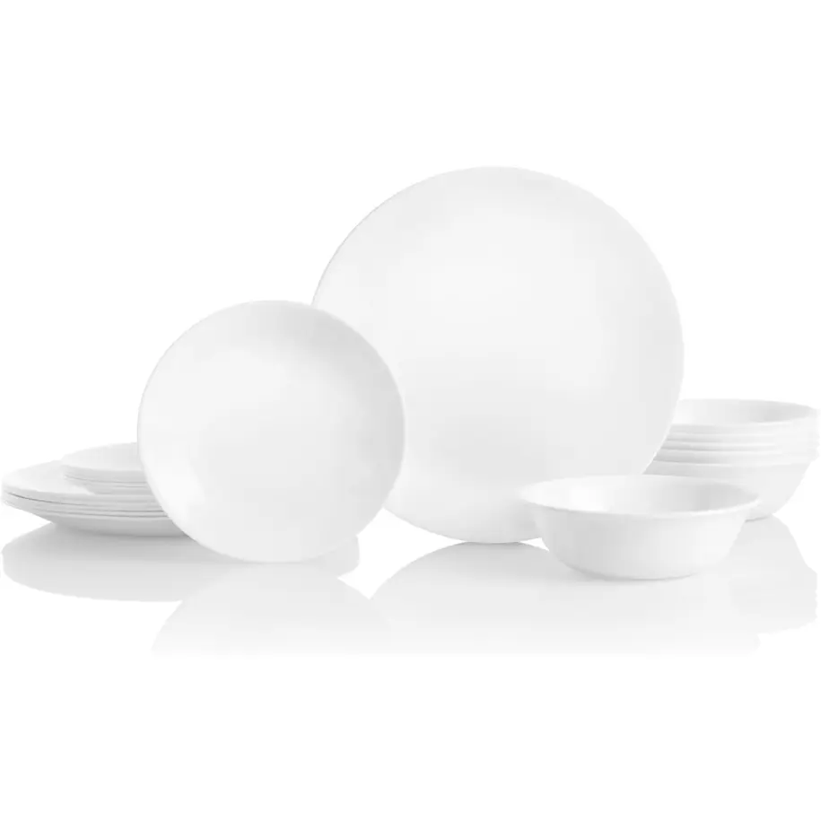 Vitrelle 18-Piece Service for 6 Dinnerware Set Triple Layer Glass and Chip Resistant, Lightweight Round Plates and Bowls Set, Winter Frost White