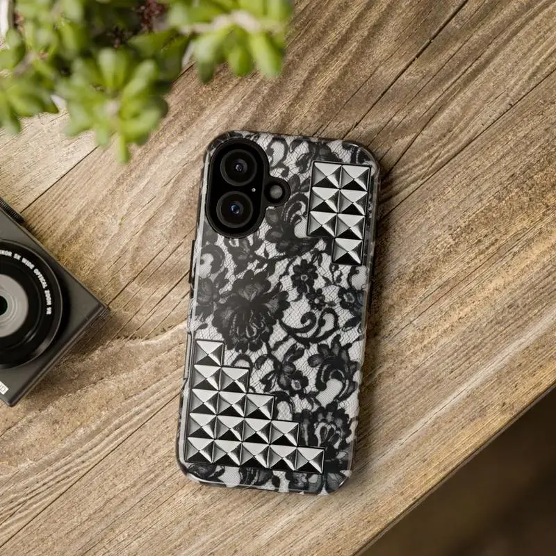 printed 3d - Lace & Studs Phone Case, Tough Cases, Stylish iPhone Accessory, Trendy Gift, Gothic Art, Unique Design