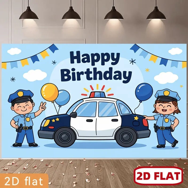 1pc 2D Flat banner Party Banner s Banner , Polyester Backdrop Cartoon Birthday Design with Police Theme White Fluffy Clouds Decorative Star Bunting, for Party Decor Farm, Home, Room, Club, Garden, No Electricity