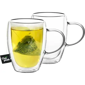 Double Wall Glasses, 12 OZ Insulated Cups with Handle, Perfect for Tea, Coffee, Water, and More (Set of 2)