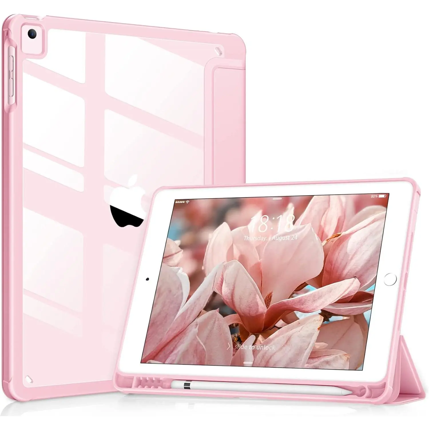 for iPad 6th / 5th Generation 9.7 inch Case (2018/2017), iPad Air 2 & 1 (2014/2013) Case, Clear ,  Cover [Built-in Pencil Holder, Auto Sleep/Wake] - Pink