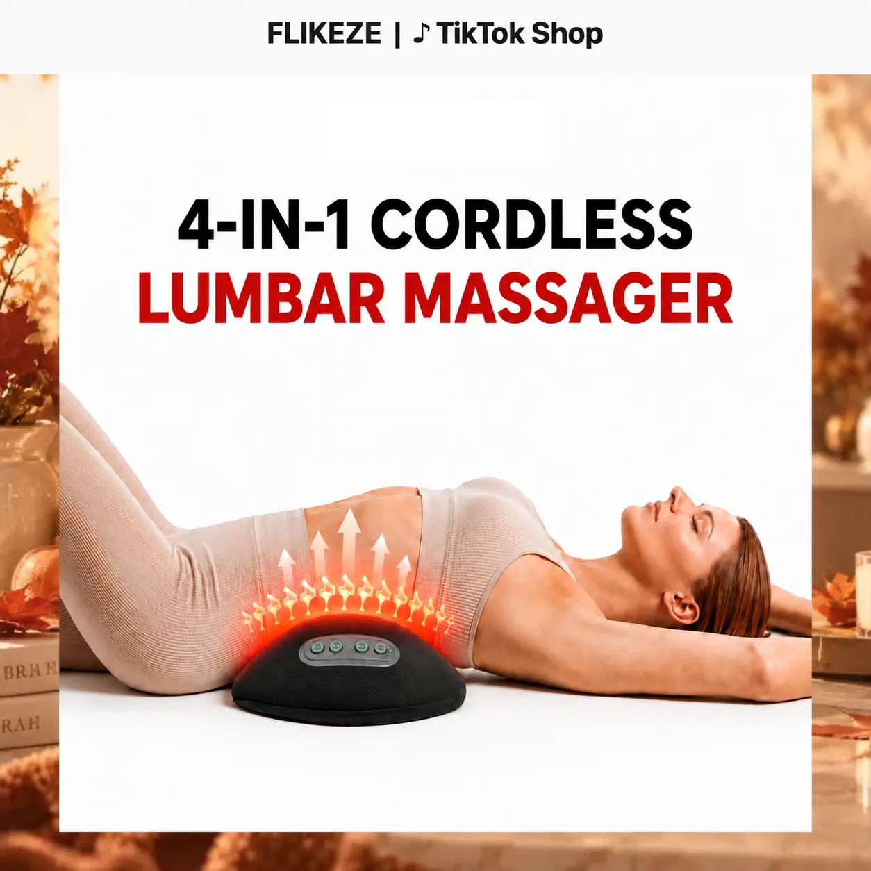 FliKEZE 4-in-1 Cordless Lumbar Pillow, Rechargeable Back Massager with Dual-Wavelength Red Light, Heating, Vibration & Airbag Traction, 3-Level Temperature Control,Power OffMemory, Support for Office Chair, Sofa, Bed, Car and Everyday Relaxation，