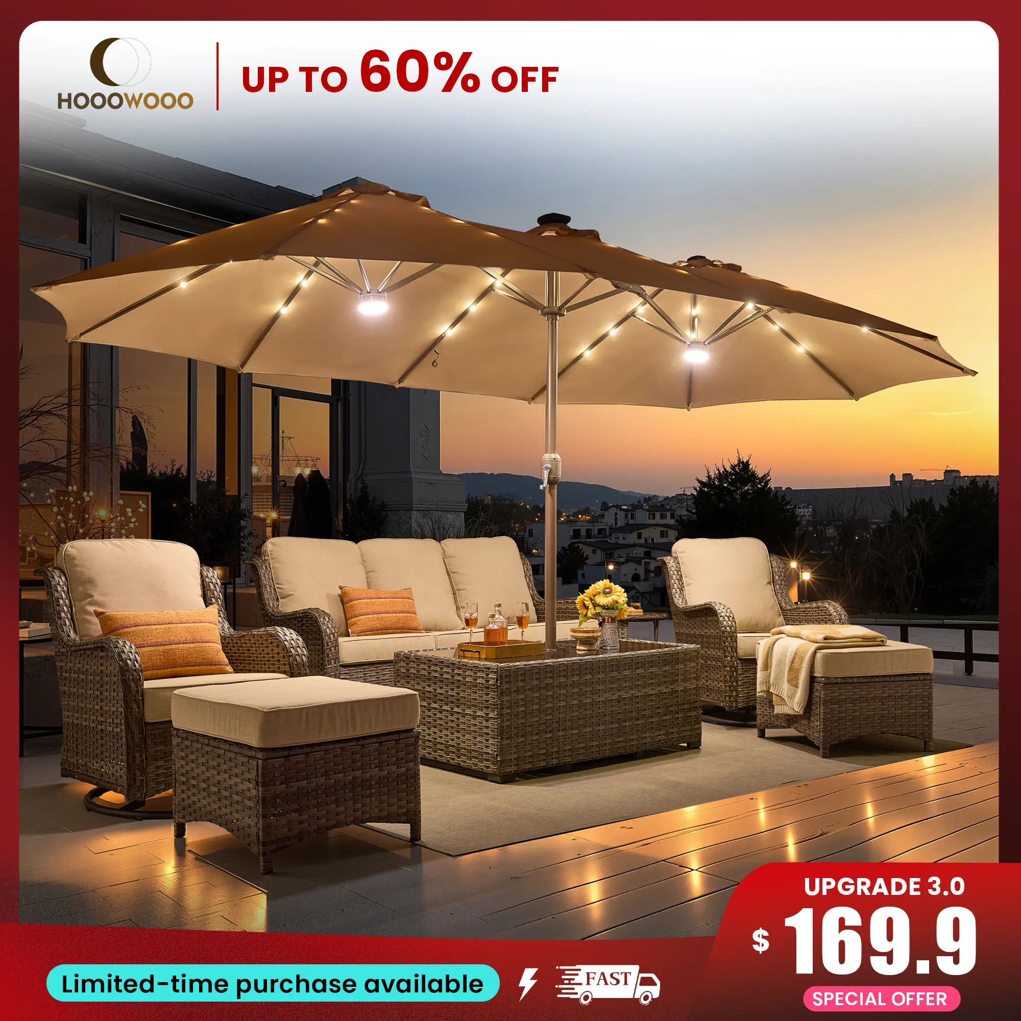 HOOOWOOO 15FT Solar LED Patio Umbrella with Base & Crank, 2 Extra Main  Lights(Brighter), Outdoor Market Umbrella for Garden, Deck, Backyard, Pool,  Beach - Durable Water-Resistant Fabric, Adjustable Lighted Umbrella - TikTok