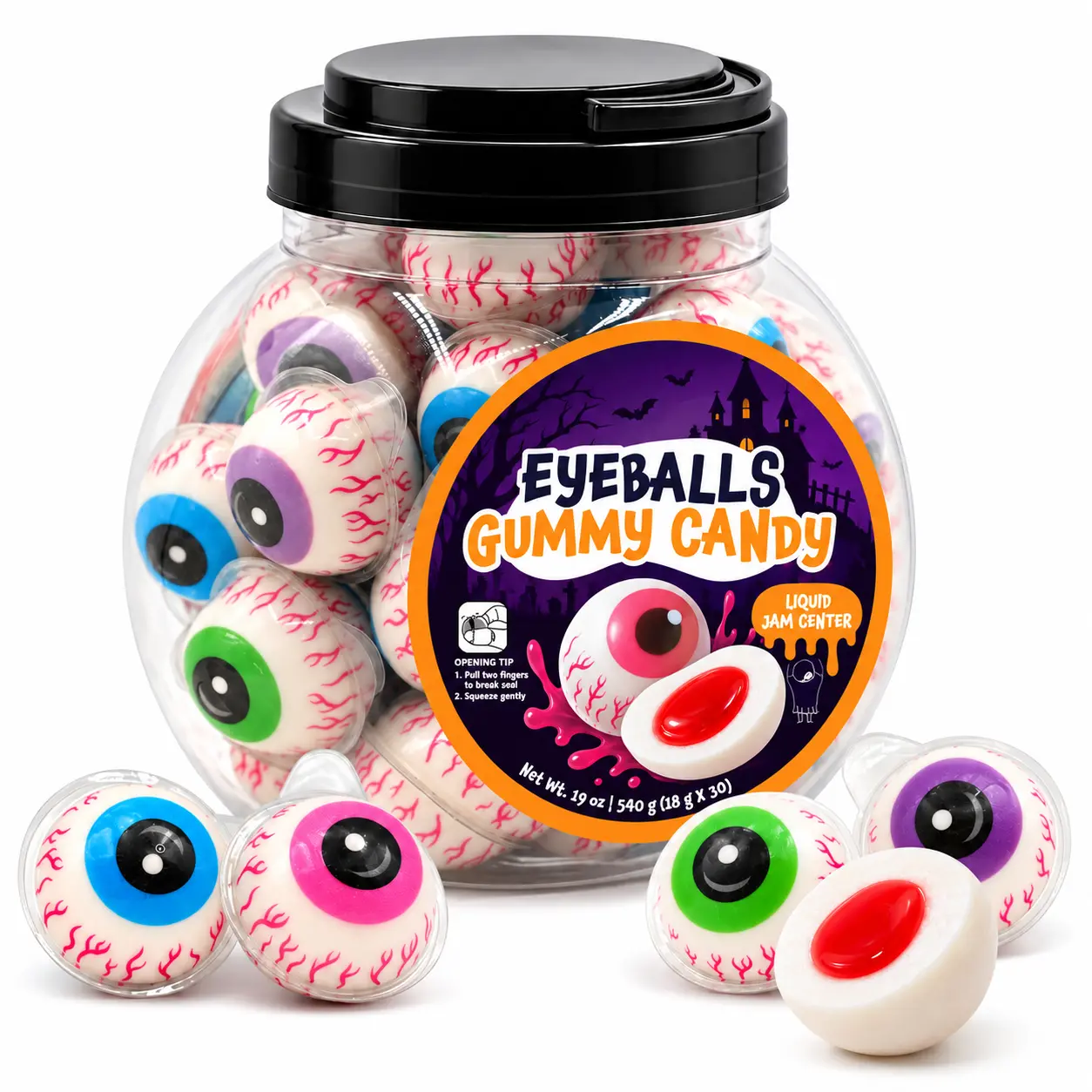 30 Count Strawberry Filled Gummy Eyeball Candy, 19 oz Jar, Halloween Party Treats and Seasonal Candy