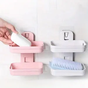 1 Set of Double-layer Soap Holder, No Punching, Space Saving Design, Suitable for Bathroom, Kitchen or Laundry Room Beige+Pink