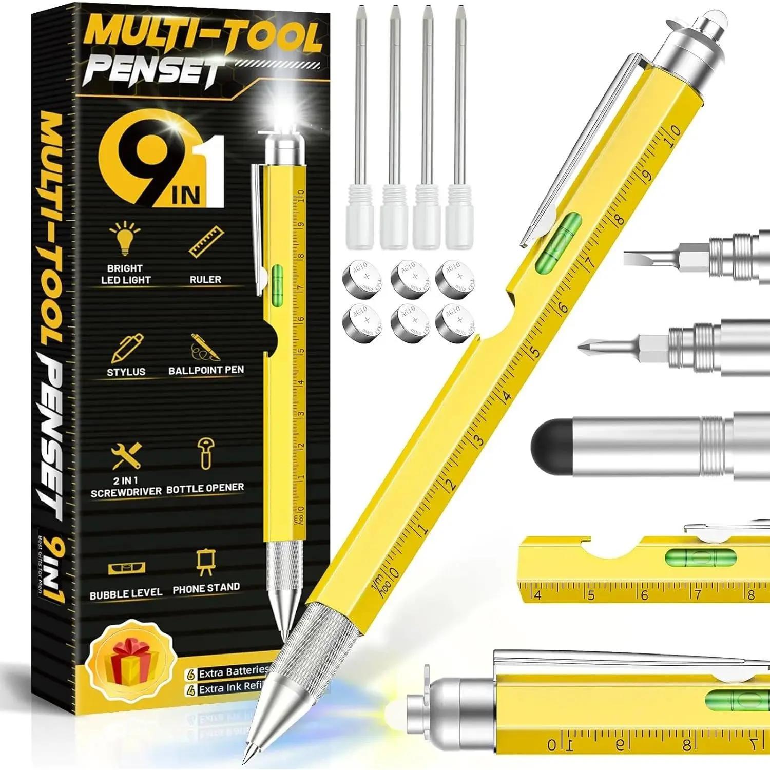 Novelty Gifts 9 in 1 Pens for Men Women, Multi Tools Pen EDC Unique Gadget as Christmas, Valetentine's Day, Father' Day, Birthday Pens Gifts for Dad, Boyfriends (Yellow-Nine)