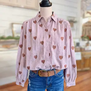 SageVell 100% Cotton Vintage Heart Print Blouse for Women, Long Sleeve Button Up Shirt, Cute Casual Loose Top