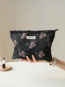 Floral Pattern Embroidered Makeup Bag, Portable Cosmetic Storage Bag, Zipper Makeup Organizer Pouch, Versatile Storage Bag for Travel, Office, Home