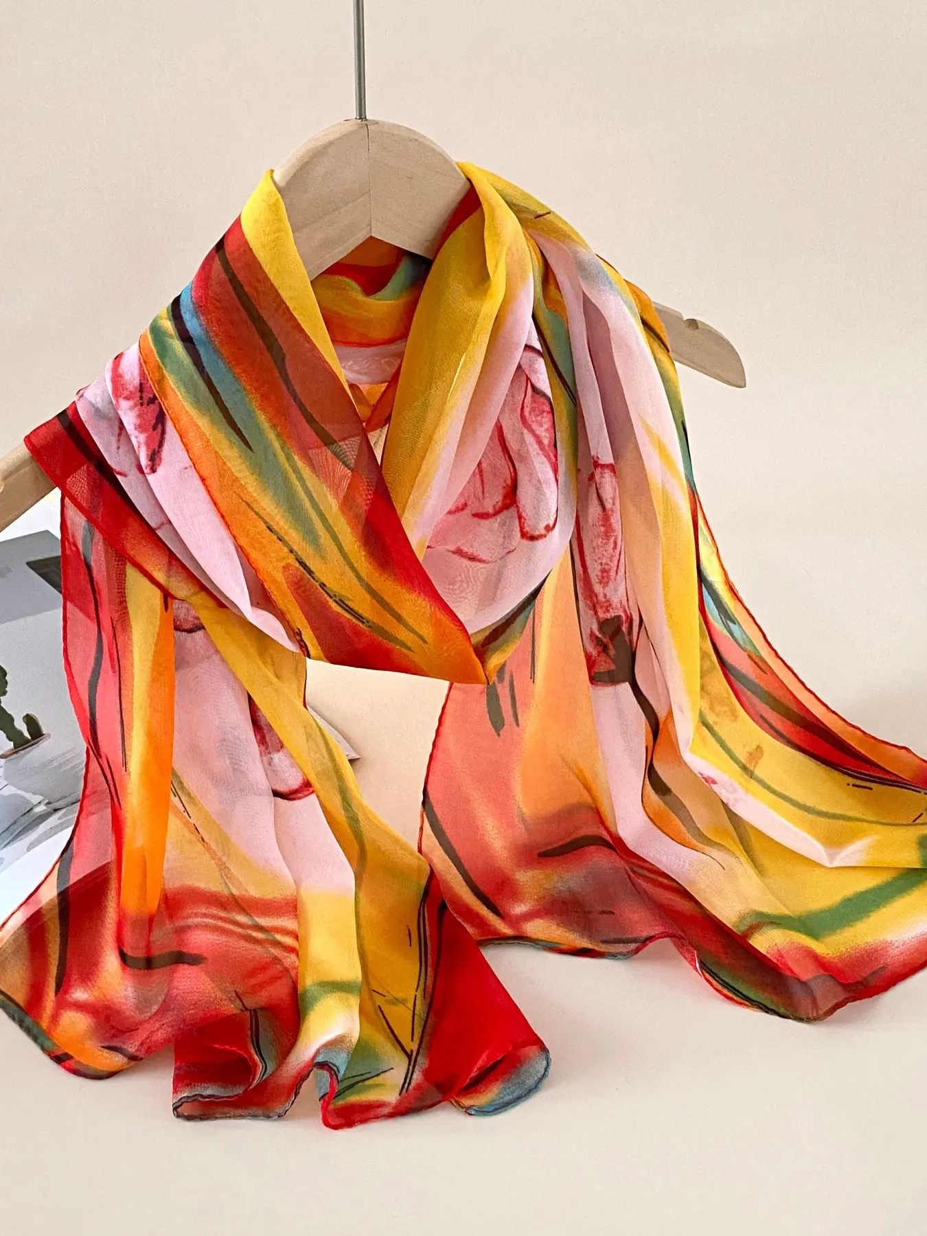 Elegant Plant Print Chiffon Long Scarf, Fashion Shawl, Women's Summer Sun Protection Soft Breathable Hijab, Beach Vacation Fashion Accessory