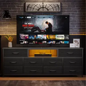 Furologee 62.5 inch Tv Stand With Led Lighting Charging Station 10 drawer Storage Modern Multi functional Media Console For Living Room Bedroom