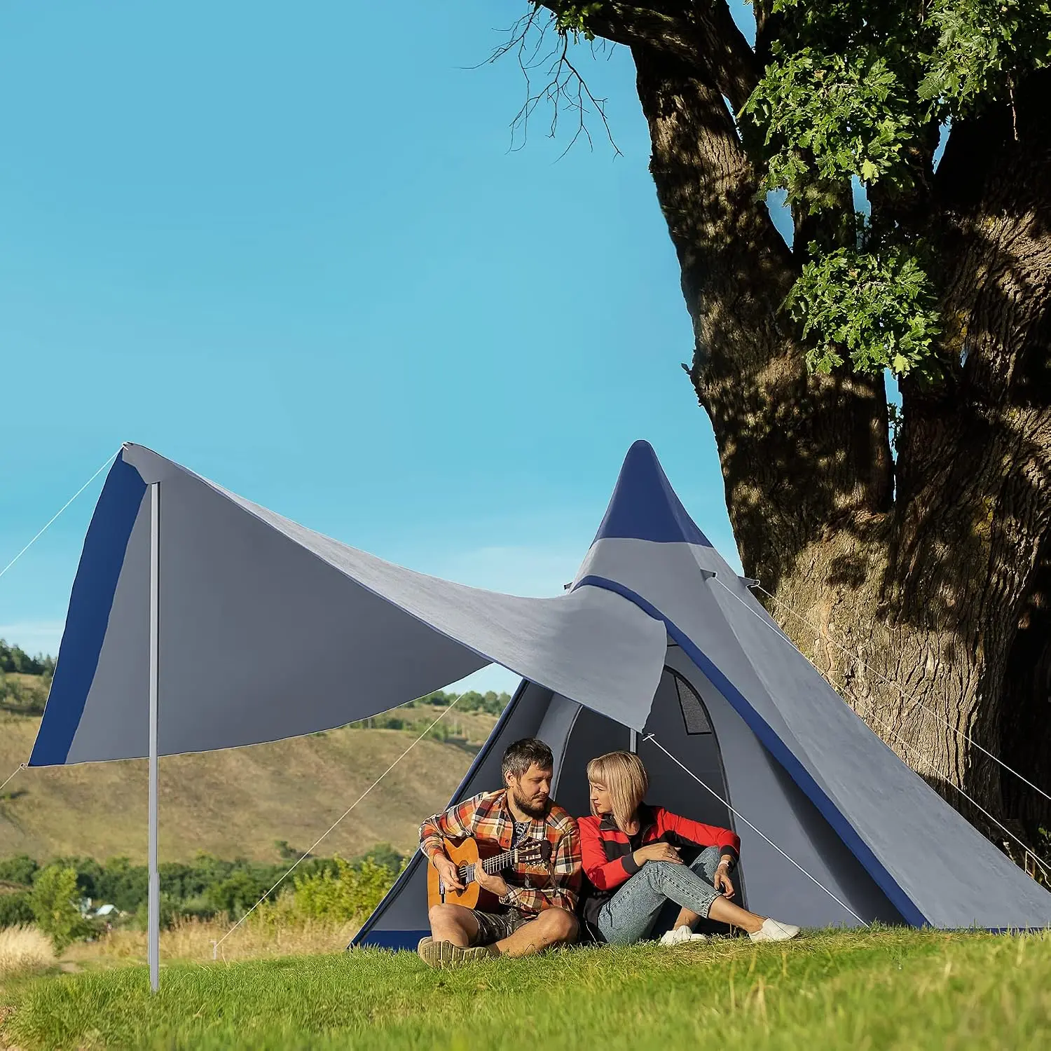 Crestholm 15.4'x15.4'x8.5' Teepee Camping Tent, 2-3 Person Waterproof Tent with 2000mm Rating, Extended Porch Canopy, Waterproof Floor & Carry Bag for Backpacking, Hiking, Camping