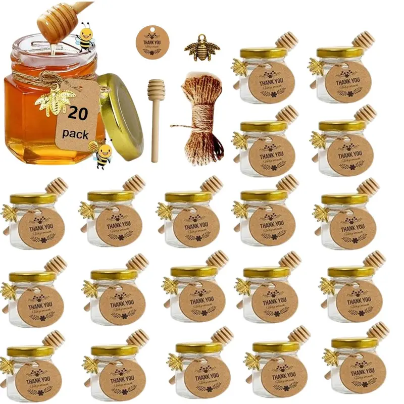 20-Pack 1.5oz Mini Glass Mason Jar Honey Storage Containers Set - Kitchen Food & Beverage Jars with Wooden Dippers, Gold-Toned Metal Lids, Bee Pendants, Rope, Ribbon Accents for Wedding Favors, Decorative Hanging Charm
