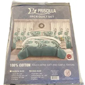 Priscilla 7 PCs Quilt Set - 100% Cotton Queen/King Size Bedding Set with Extra Soft Texture & Subtle Design