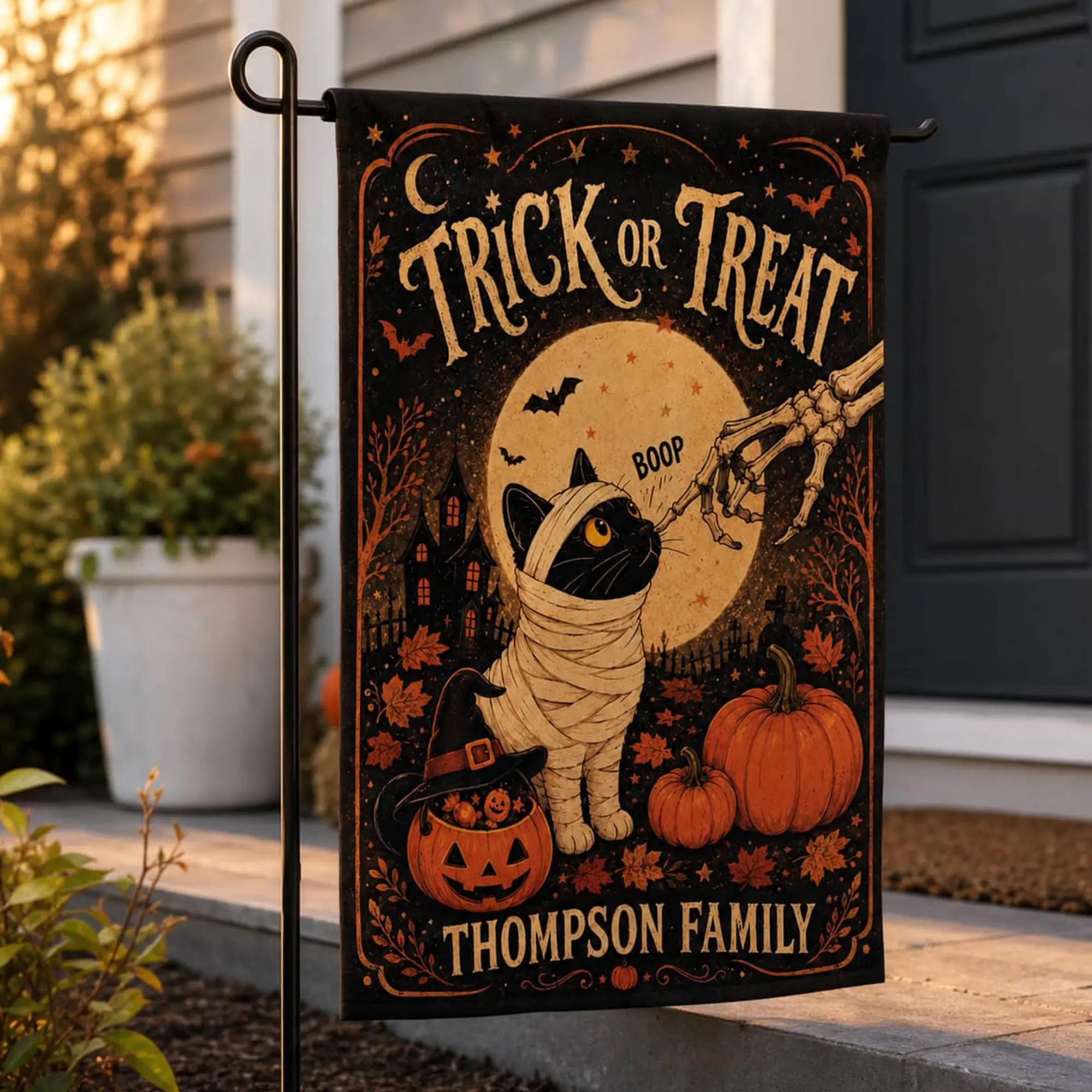 Vintage Halloween Garden Flag Double Sided, Spooky Mummy Black Cat Trick or Treat Yard Flag, Gothic Skeleton Pumpkin Lawn Decor Outdoor Banner for Porch