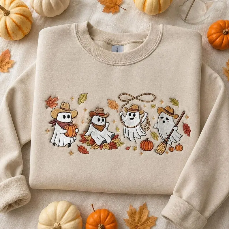 Embroidered Spooky Western Apparel, Unisex Cowboy Ghost Sweatshirt, T-shirt, And Hoodie, Cotton Top With Adorable Fall Ghost Graphic, Comfortable Seasonal Clothing