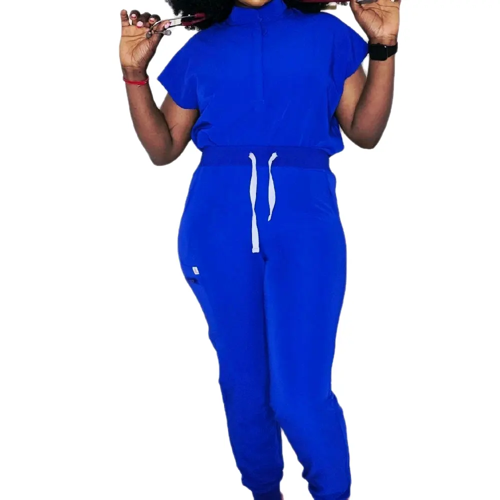 Womens' Mandarin Collar Jogger Scrubs Set with Pockets - Soft Fabric, Burgundy, Spandex, Stretchy Stylish Overalls for Workwear Day Top Womenswear Medical Scrubs
