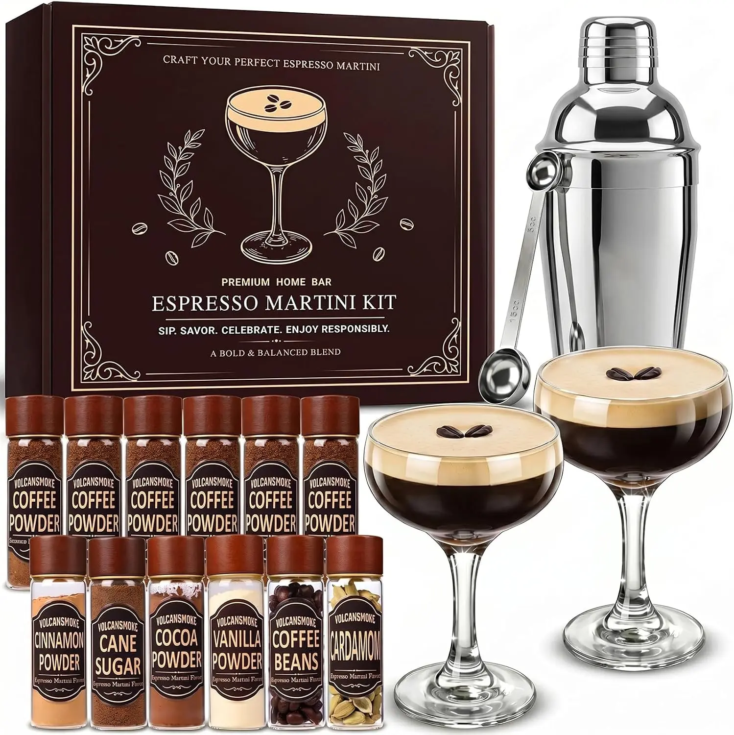 Espresso Martini Mixology Kit Gift Set - Bar Bartender Set with Glasses, Shaker, Coffee Spice Garnish, Home Bar Cart Decor Addition, Housewarming Present for Coffee Lovers, Free US Shipping
