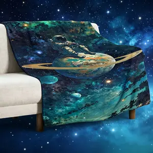 Astronaut Sitting on Planet Galaxy Blanket, Space Explorer Print Soft Flannel Fleece Blanket for Couch Bed