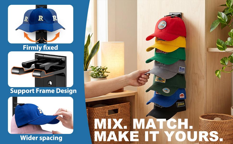 Hat Organizer Wall Mounted Multi-Level Baseball Cap Rack Adhesive Mount Stable Structure for Closet Door Bedroom Office Dormitory Easy Access Display Hanging Space 90% Saving