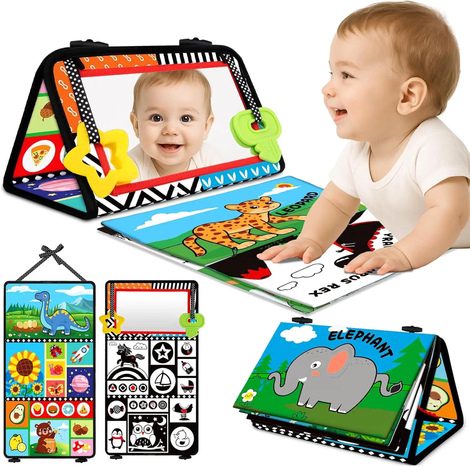 Mother Day Baby Toys 0-6 Months - Tummy Time Toy Black and White High Contrast Newborn Toys - Baby Mirror with Cloth Book Teether - Montessori Sensory Crinkle Toy for Infant 0-3-6-12 Month Boy Girl Shower Gifts