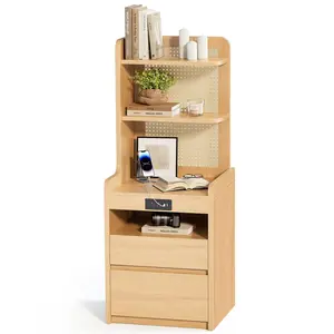 Sikaic Rattan Corner Nightstand with Charging Station Natural Wood Space-Saving 90° Angle Design, 6-Zone Storage, Built-in Power Outlets, Anti-Tip Safety, Easy Assembly for Bedroom, Dorm or Apartment