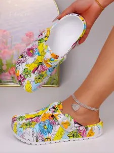 Women's Fashion Butterfly Print Hollow Out Shoes, Eva Summer Anti-Slip Work Shoes, Lightweight Flat Soft Sole Adjustable Strap