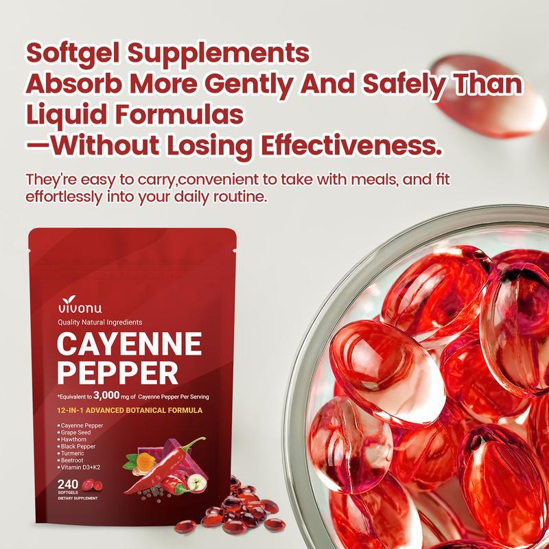 Cayenne Pepper Softgels for Circulation & Vitality | with Vitamins D3 K2, Beetroot & Hawthorn Extracts | Plant-Based, Non-GMO