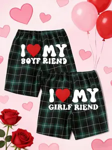 Couple Plaid Heart Love Home Loungewear Shorts, Vintage Stripes, Sweet Slogan Print, Casual Loose Fit, Breathable Fabric, Perfect Gift