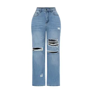 Womens High Waisted Wide Leg Jeans Stretchy Distressed Denim Pants