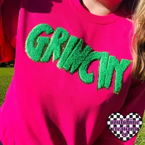Grinchy Chenille Patch Christmas Sweater, Unisex Sweatshirt, christmas sweatshirt, GREEN Patch Women Fabric Printed