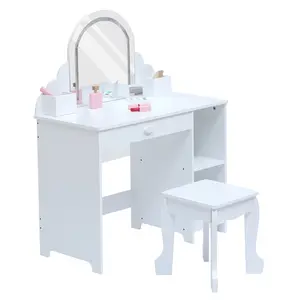 Garvee Lighted Mirror Kids Vanity Desk Set – Wooden Princess Makeup Table with LED Lights Stool Drawer Open Storage Shelves & Cubbies – For Little Girls & Toddlers