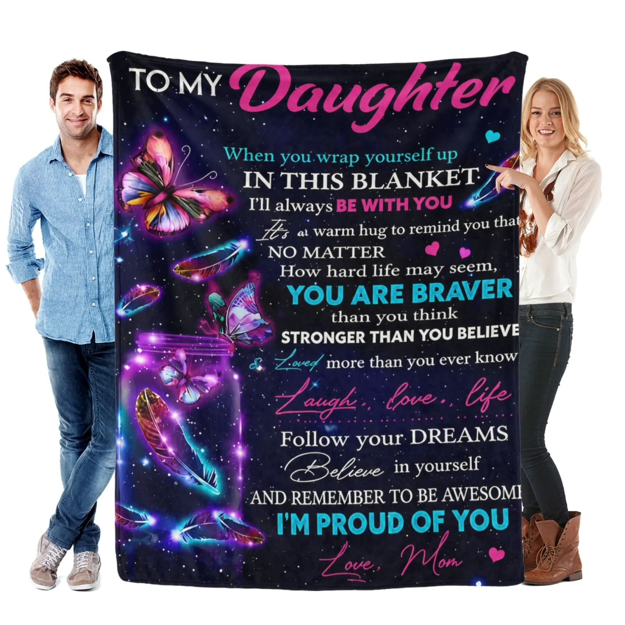 To My Daughter Inspirational Quote Glowing Butterfly Galaxy Flannel Throw Blanket, Soft Fuzzy Plush Blanket for Couch Bed Dorm, All Season Cozy Warm, Sentimental Birthday Gift from Mom, Heartfelt Love Letter Teen Bedroom Home Decor