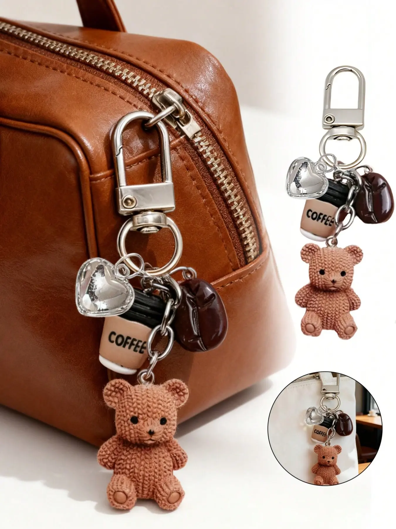 Coffee Teddy Bear Keychain Bag Pendant, Cute Knit Bear, Mini Coffee Cup, Heart Charm, Resin Material Fashion Accessory for Women