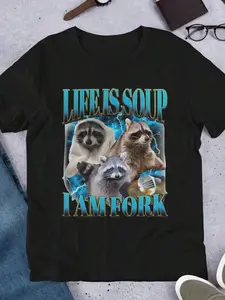 MKONGCOSTUME Men's Casual T-Shirt, Raccoon Print Round Neck Short Sleeve, 'Slogan