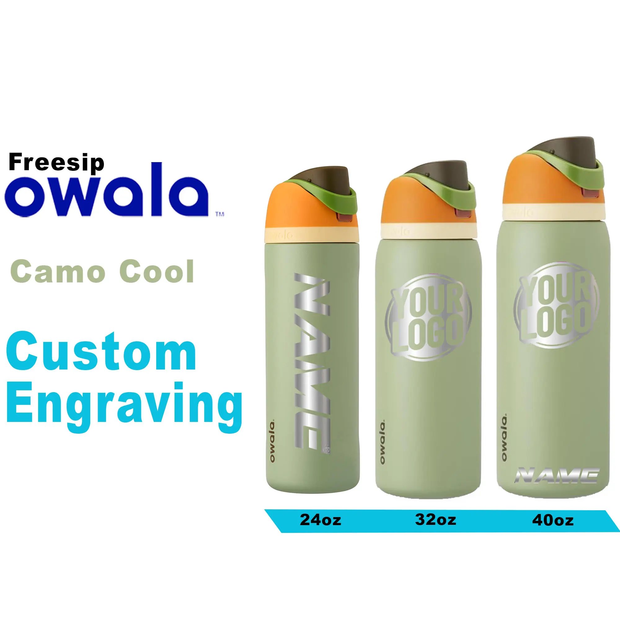 Owala Camo Cool Color Insulated Water Bottles, Personalized Stainless Steel Water Bottle, Laser Engraved Custom Water Bottle with Straw.