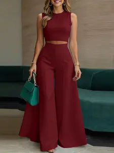 ZANZEA Women's Casual Set, Round Neck Sleeveless Short Vest with Back Button Side Zipper + Waistband Wide Leg Pants, Ideal for Daily