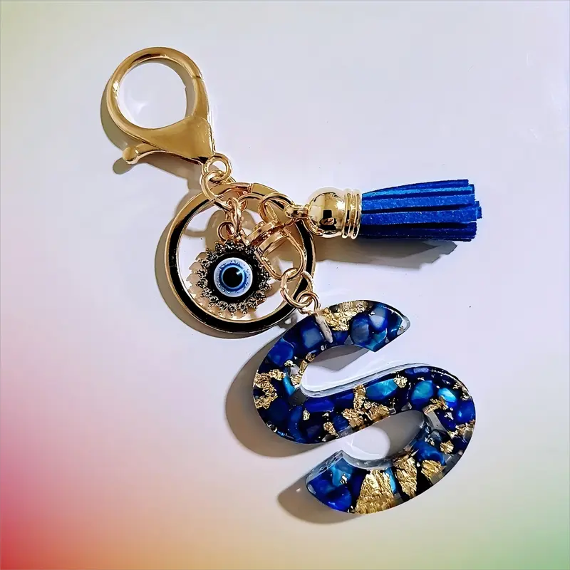 Women's Boho Alloy Resin Letter Keychain - Aesthetic, Devil's Eye Graphic, Tassel Accent, Handbag Chain, Alternative Fashion, Daily Car & Purse Accessory, Letter Print Aesthetic Keychain