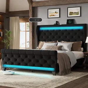 Belffin Queen Size LED Velvet Platform Bed Frame, 50” Tall Upholstered Headboard with USB & Type-C Ports, Button Tufted, Heavy Duty, No Box Spring, Noise-Free – Beige