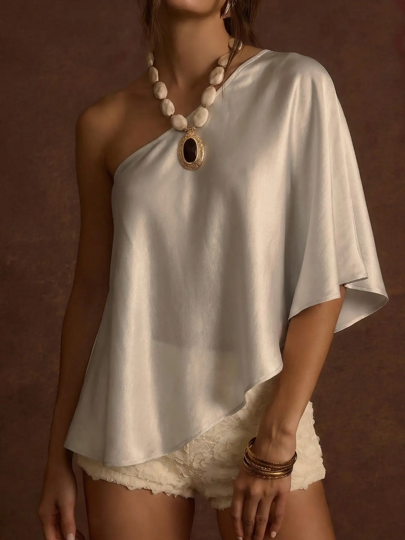 Elegant Light Apricot Sequined One-Shoulder Top, Loose Fit Asymmetrical Hem, High-Quality Fashionable Ladies' Blouse, Luxurious Evening Style, Womenswear
