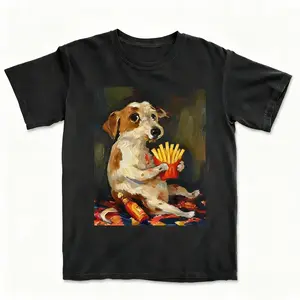 Playful Snacky Dog Eat Fries Vintage Graphic T-shirt Funny Meme Crunchs Tee, Unisex Gifts For Dog Lovers
