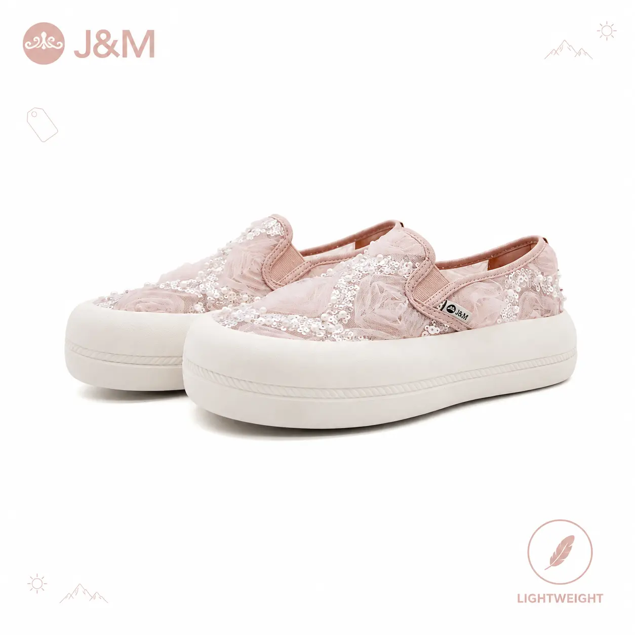 Joy & Mario Women’s Floral Lace Pearl Slip-On Sneakers, Breathable Mesh Lightweight Platform Walking Shoes for Travel and Everyday Wear