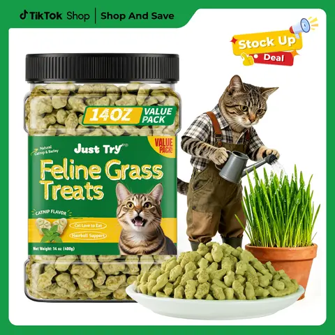 JUST TRY Feline Grass Treats Salmon Flavor  Cat Grass for Hairball Control, Digestive Health Support Healthy Cat Training Treats for Indoor Cats 14.1 OZ #sohochic