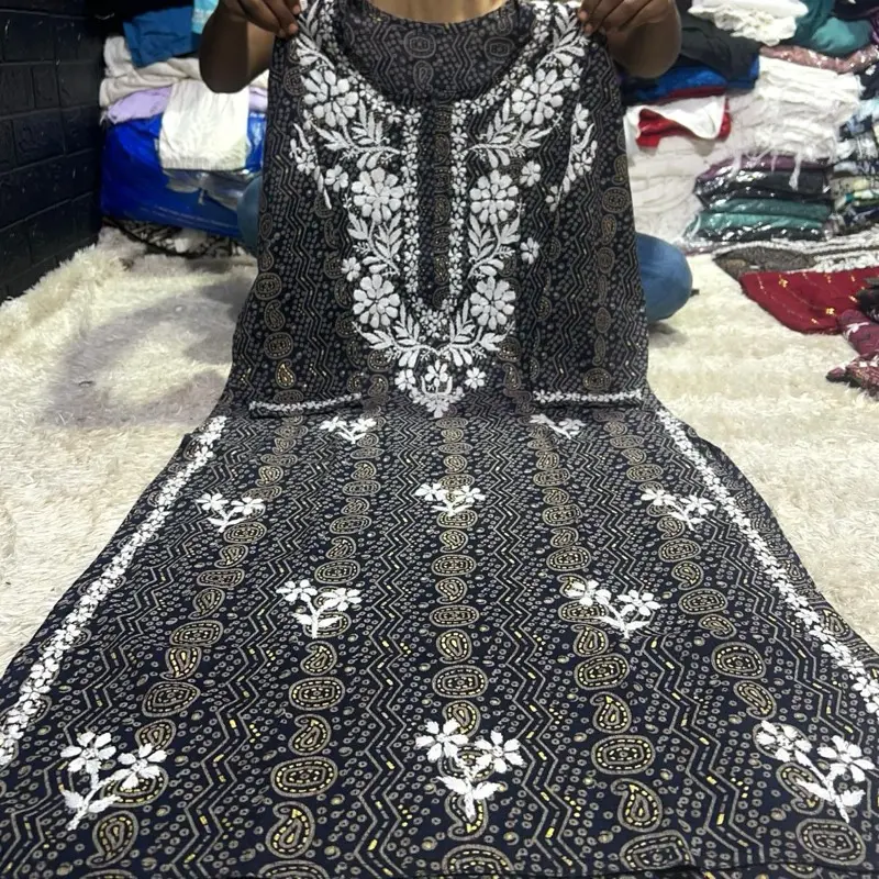 Pure Lucknowi Super Intricate 3pcs Set Handwork Chikankari Work Primum Rayon Printed Kurti with Palazzo and Dubatta in Chiffon for Casual Outings